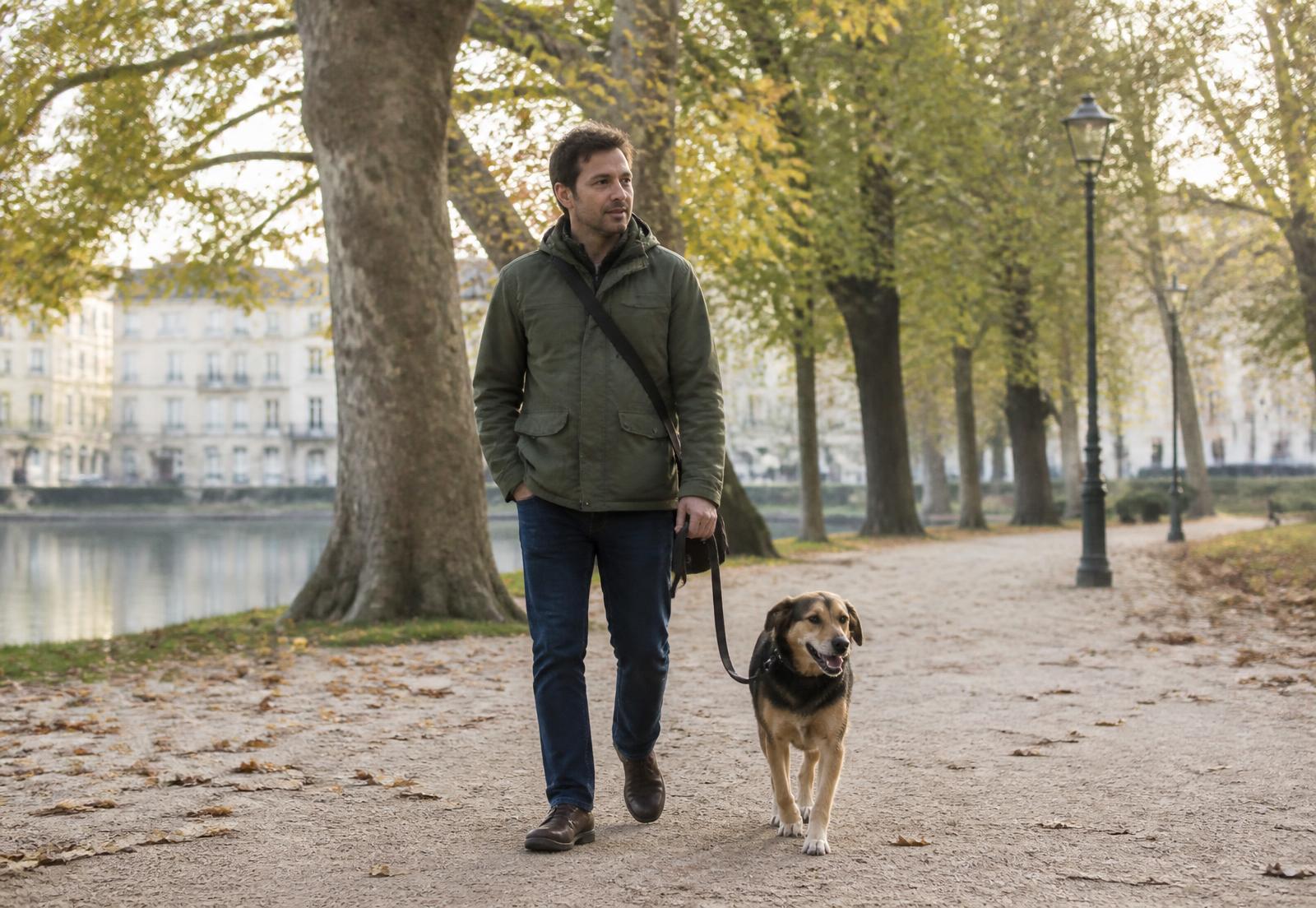 Hombre paseando a su perro por un parque europeo en otoño