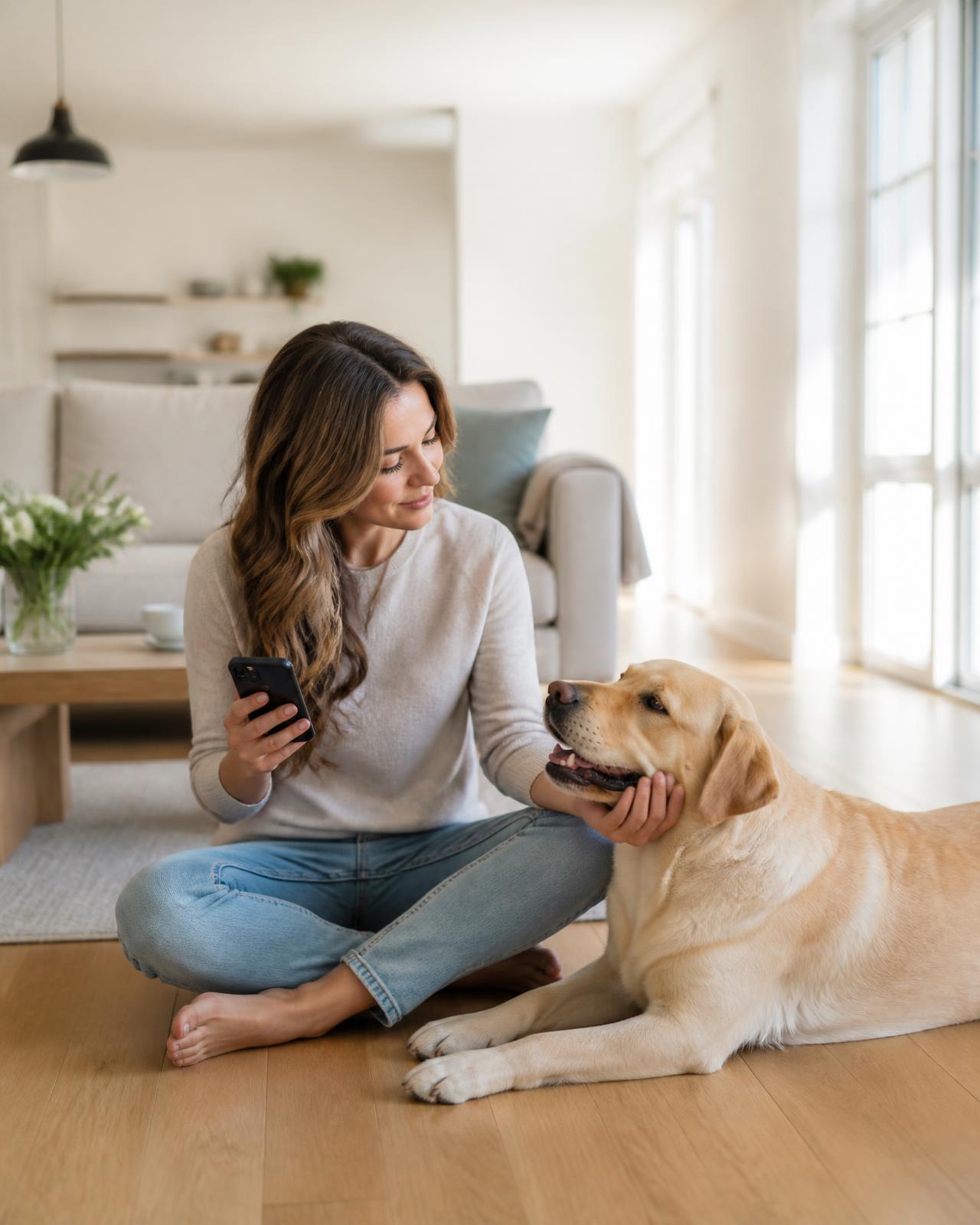 Mujer sentada en el salón de su casa junto a su labrador mientras consulta su teléfono