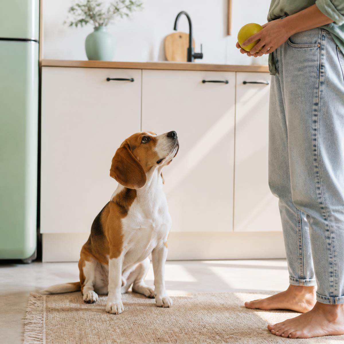 Persona en la cocina sosteniendo una manzana mientras su beagle la observa